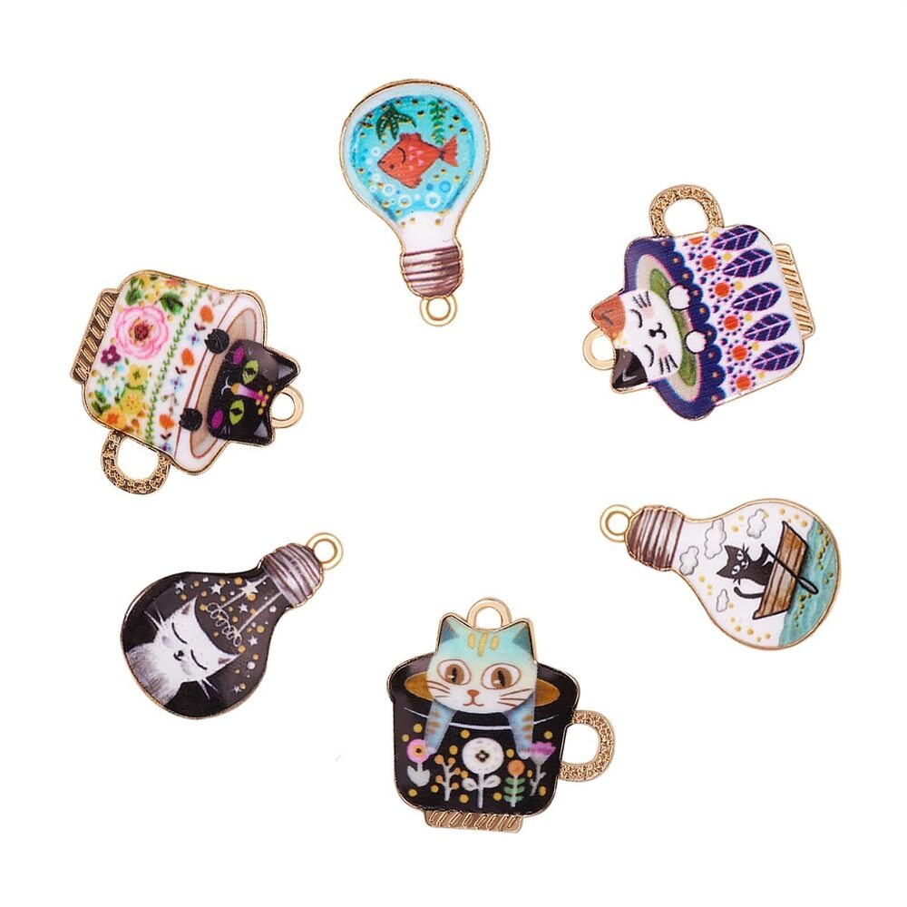 2989 12 Pcs Enamel Cat & Japanese Style Charms for DIY Jewelry Making